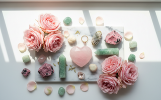 Rose quartz, rhodonite, green aventurine, prehnite and morganite crystals on white marble with soft pink roses — heart healing crystals for attachment wounds by Heavenly Crystals Online