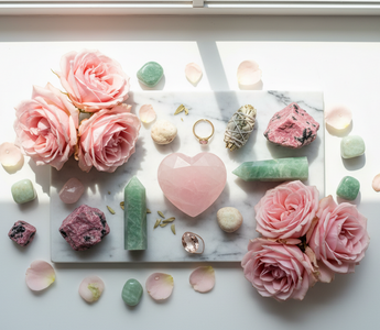 Rose quartz, rhodonite, green aventurine, prehnite and morganite crystals on white marble with soft pink roses — heart healing crystals for attachment wounds by Heavenly Crystals Online
