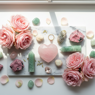 Rose quartz, rhodonite, green aventurine, prehnite and morganite crystals on white marble with soft pink roses — heart healing crystals for attachment wounds by Heavenly Crystals Online