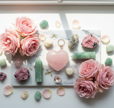 Rose quartz, rhodonite, green aventurine, prehnite and morganite crystals on white marble with soft pink roses — heart healing crystals for attachment wounds by Heavenly Crystals Online
