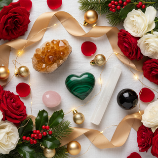 Luxurious Christmas crystal flatlay with Citrine, Malachite, Clear Quartz, Rose Quartz, Black Obsidian and Selenite nestled amongst red roses, pine, holly and warm fairy lights