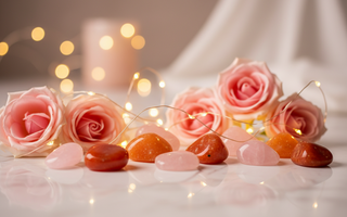 Carnelian, Sunstone and Rose Quartz crystals with pink roses and fairy lights for confidence and self-worth