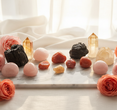 Citrine, sunstone, rose quartz, carnelian and black tourmaline crystals on white marble with soft pink roses — uplifting crystals for depression support by Heavenly Crystals Online