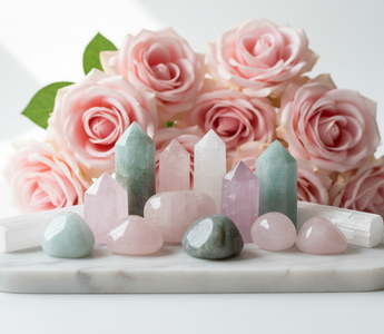 Rose quartz, aquamarine, labradorite, kunzite and selenite crystals on white marble with soft pink roses — healing crystals for emotional neglect history by Heavenly Crystals Online.