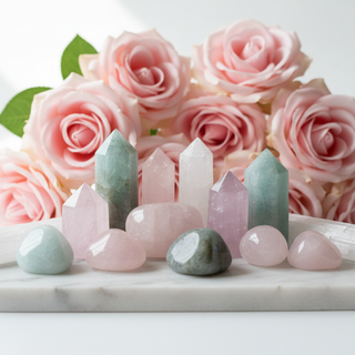 Rose quartz, aquamarine, labradorite, kunzite and selenite crystals on white marble with soft pink roses — healing crystals for emotional neglect history by Heavenly Crystals Online.