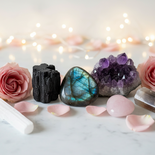 Healing crystals for empaths including Black Tourmaline, Labradorite and Amethyst with roses and fairy lights