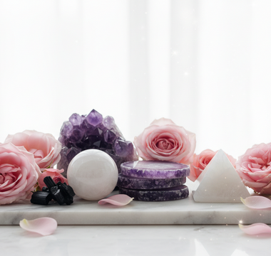 Amethyst, lepidolite, moonstone, black tourmaline and howlite crystals on white marble with soft pink roses — calming crystals for sleep disturbance and nightmares by Heavenly Crystals Online