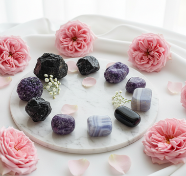 Black tourmaline, lepidolite, smoky quartz, obsidian and blue lace agate crystals on white marble with soft pink roses — grounding crystals for trauma-driven dysregulation by Heavenly Crystals Online