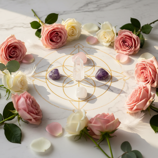 Easter crystal grid with Rose Quartz, Amethyst, Selenite, Green Aventurine and Clear Quartz tumbled stones