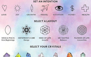 Crystal grid arrangement with healing crystals and sacred geometry for manifestation