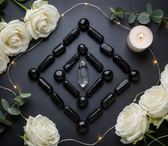 Black Tourmaline crystal protection grid with white roses and fairy lights – Heavenly Crystals Online