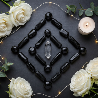 Black Tourmaline crystal protection grid with white roses and fairy lights – Heavenly Crystals Online