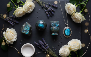 Labradorite crystals and sterling silver jewellery with white roses and fairy lights – Heavenly Crystals Online