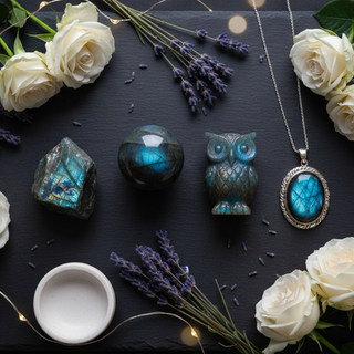 Labradorite crystals and sterling silver jewellery with white roses and fairy lights – Heavenly Crystals Online