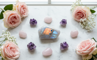 Rainbow Moonstone crystals arranged with roses on white marble for a crystal healing lifestyle guide