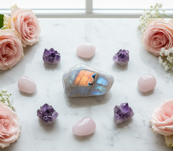 Rainbow Moonstone crystals arranged with roses on white marble for a crystal healing lifestyle guide