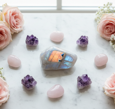 Rainbow Moonstone crystals arranged with roses on white marble for a crystal healing lifestyle guide