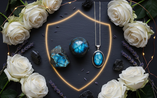 Labradorite crystals and sterling silver pendant with aura protection glow, white roses and fairy lights – Heavenly Crystals Online