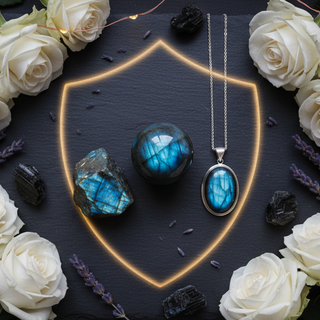 Labradorite crystals and sterling silver pendant with aura protection glow, white roses and fairy lights – Heavenly Crystals Online