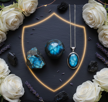 Labradorite crystals and sterling silver pendant with aura protection glow, white roses and fairy lights – Heavenly Crystals Online