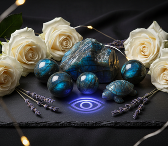 Labradorite crystals with Third Eye Chakra symbol, white roses and fairy lights – Heavenly Crystals Online