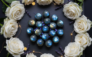 Labradorite crystals with white roses and fairy lights – Heavenly Crystals Online