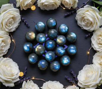 Labradorite crystals with white roses and fairy lights – Heavenly Crystals Online