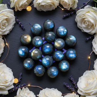 Labradorite crystals with white roses and fairy lights – Heavenly Crystals Online