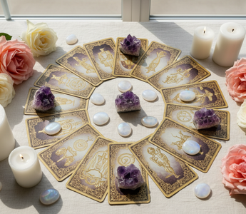 Tarot cards flat lay with roses and crystals for beginner spreads, Major Arcana and daily spiritual practice