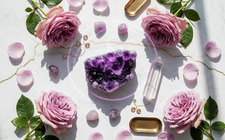 Amethyst crystals for Third Eye and Crown Chakra healing including clusters and points on a luxury background