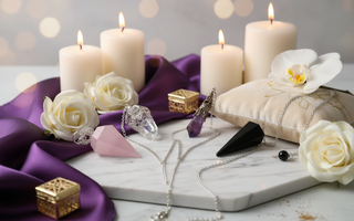 Crystal pendulums for divination and dowsing including Amethyst, Rose Quartz, Clear Quartz and Black Obsidian on a luxury background