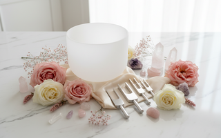 Tuning fork and crystal singing bowl with pink roses on white marble — frequency healing tools at Heavenly Crystals Online