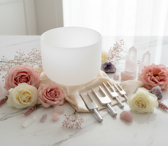 Tuning fork and crystal singing bowl with pink roses on white marble — frequency healing tools at Heavenly Crystals Online