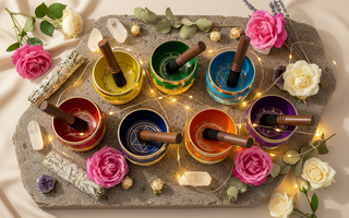 Luxury Tibetan singing bowls with fairy lights and roses for sound healing, chakra balancing and meditation