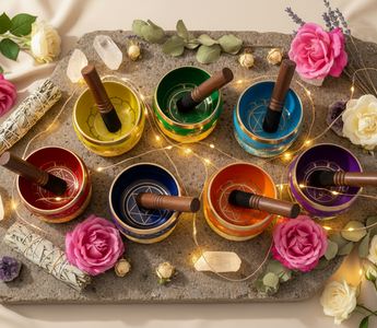 Luxury Tibetan singing bowls with fairy lights and roses for sound healing, chakra balancing and meditation