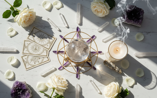 Crystal sphere, Lemurian Quartz, sacred geometry grid, tarot cards and white roses on white marble for psychic readings and crystal healing