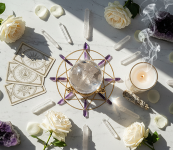 Crystal sphere, Lemurian Quartz, sacred geometry grid, tarot cards and white roses on white marble for psychic readings and crystal healing