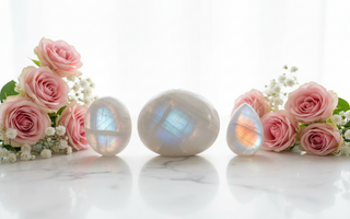 Three Rainbow Moonstone crystals on white marble representing Crown, Third Eye and Sacral chakras with pink roses