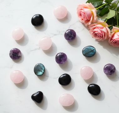 Assorted crystal palm stones and worry stones including rose quartz, amethyst, black obsidian and labradorite arranged on white marble with soft pink roses