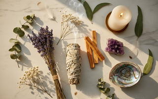 White sage bundle, Palo Santo sticks, amethyst, dried lavender and abalone shell flatlay for smudging and energy cleansing on white marble