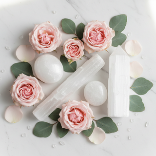 Selenite wand, palm stone and tower on white marble with pink roses and eucalyptus