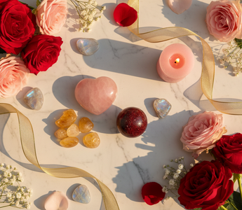 Self-love and romance crystal flatlay with Rose Quartz heart, Citrine, Rainbow Moonstone and Garnet on white marble with red and blush roses, candle and gold ribbon