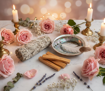 Luxury smudge kit with white sage bundle, palo santo stick, abalone shell and feather for home cleansing