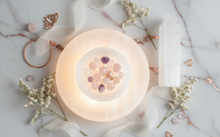 Luxury flat lay of selenite charging plate, selenite bowl and selenite tower on white marble with dried white flowers and warm ethereal glow