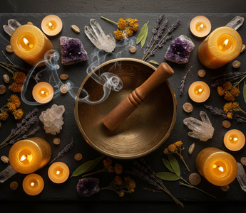 Tibetan singing bowl with mallet, crystal quartz points and amethyst clusters on dark slate with golden candlelight for sound healing and meditation