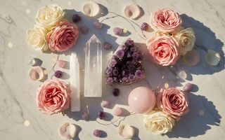 Luxurious flat lay of premium crystal shapes including clear quartz tower, rose quartz sphere, amethyst cluster, selenite wand and tumbled stones...