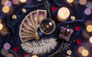 Mystical psychic flatlay with crystal ball, tarot cards, amethyst, white feather and candle on navy velvet with lavender and gold stars – exploring the Clair senses