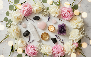 Crystals for healer burnout — selenite, rose quartz heart, amethyst and black tourmaline with pink peonies, white roses and gold candle on marble – Heavenly Crystals Online