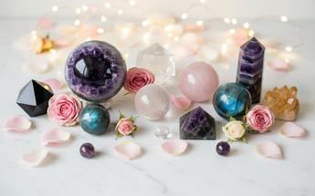 Crystal spheres and sacred forms in amethyst, rose quartz, clear quartz and other crystals with roses and fairy lights