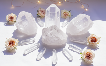 Lemurian quartz crystals and seed crystals arranged with roses and fairy lights